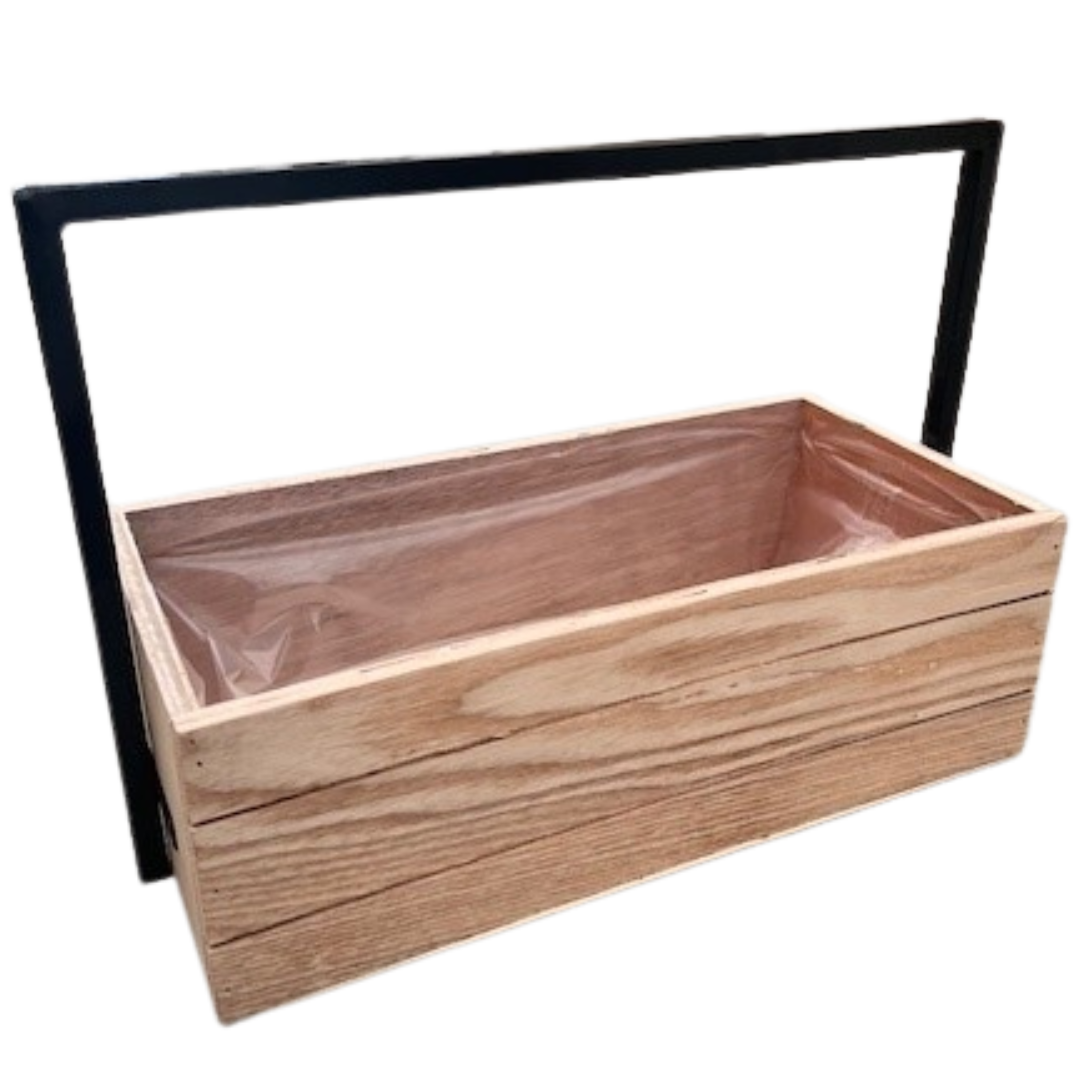 Wooden Rectangle Basket With Metal Handle