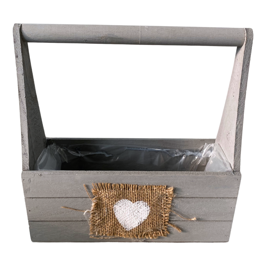 Grey Wooden Heart Crate with Handle